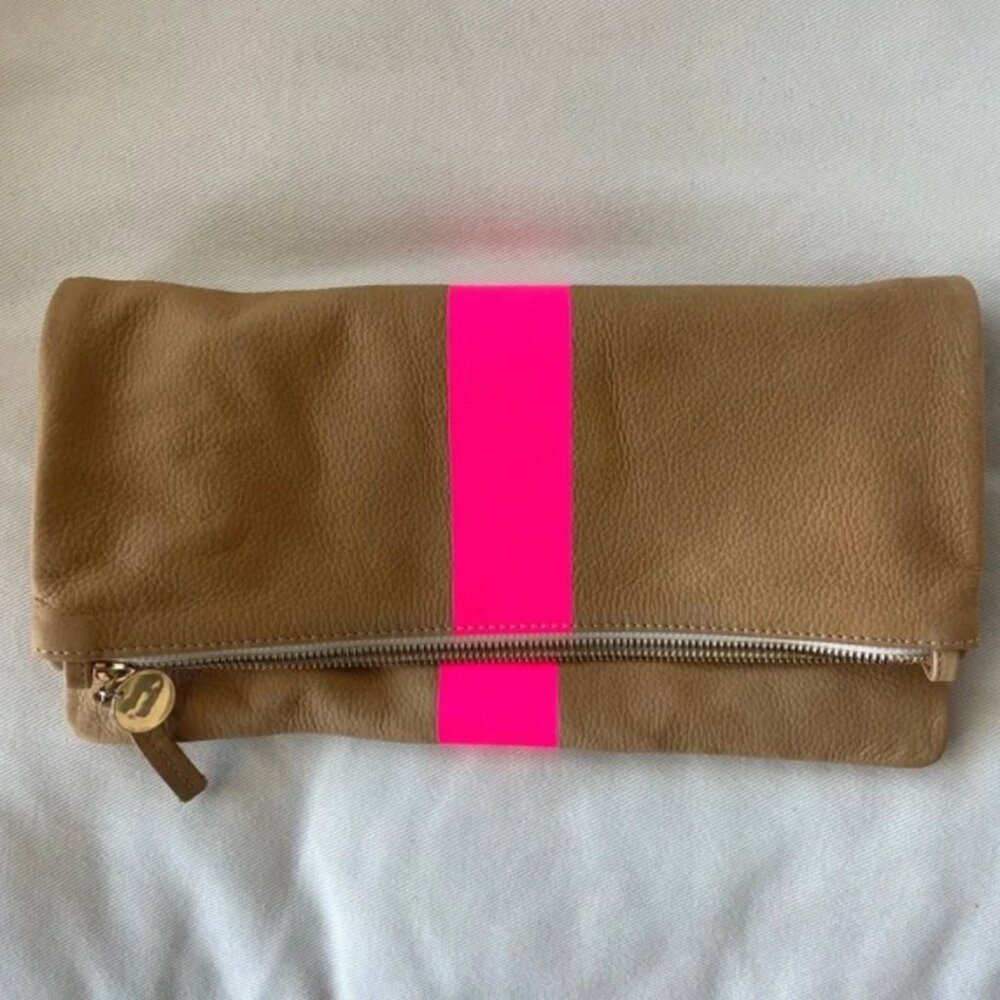 Clare V Foldover Clutch - Tan & Neon Pink